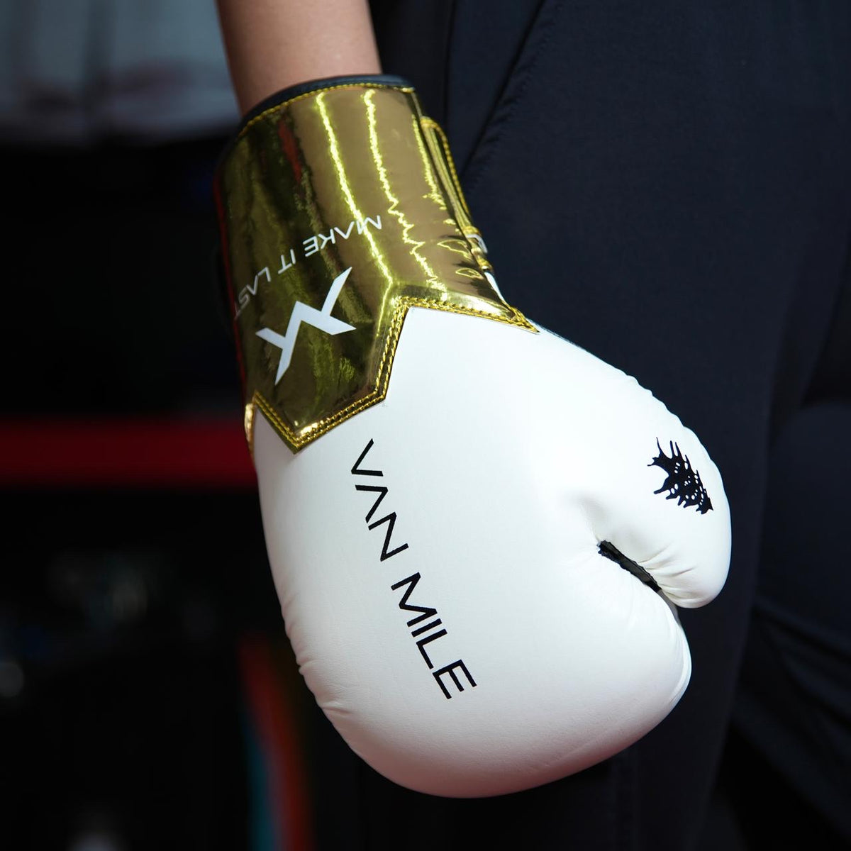 VAN MILE PU 3.0 Boxing Gloves in White & Gold – worn on model, side