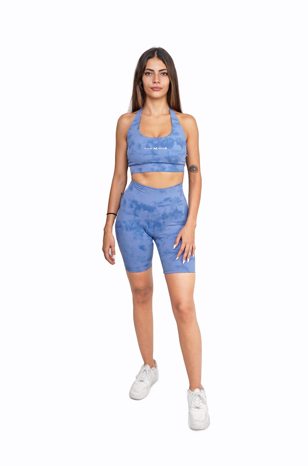 Women's VAN MILE Mist Sports Bra in Sky Blue – full outfit, shown with matching biker shorts