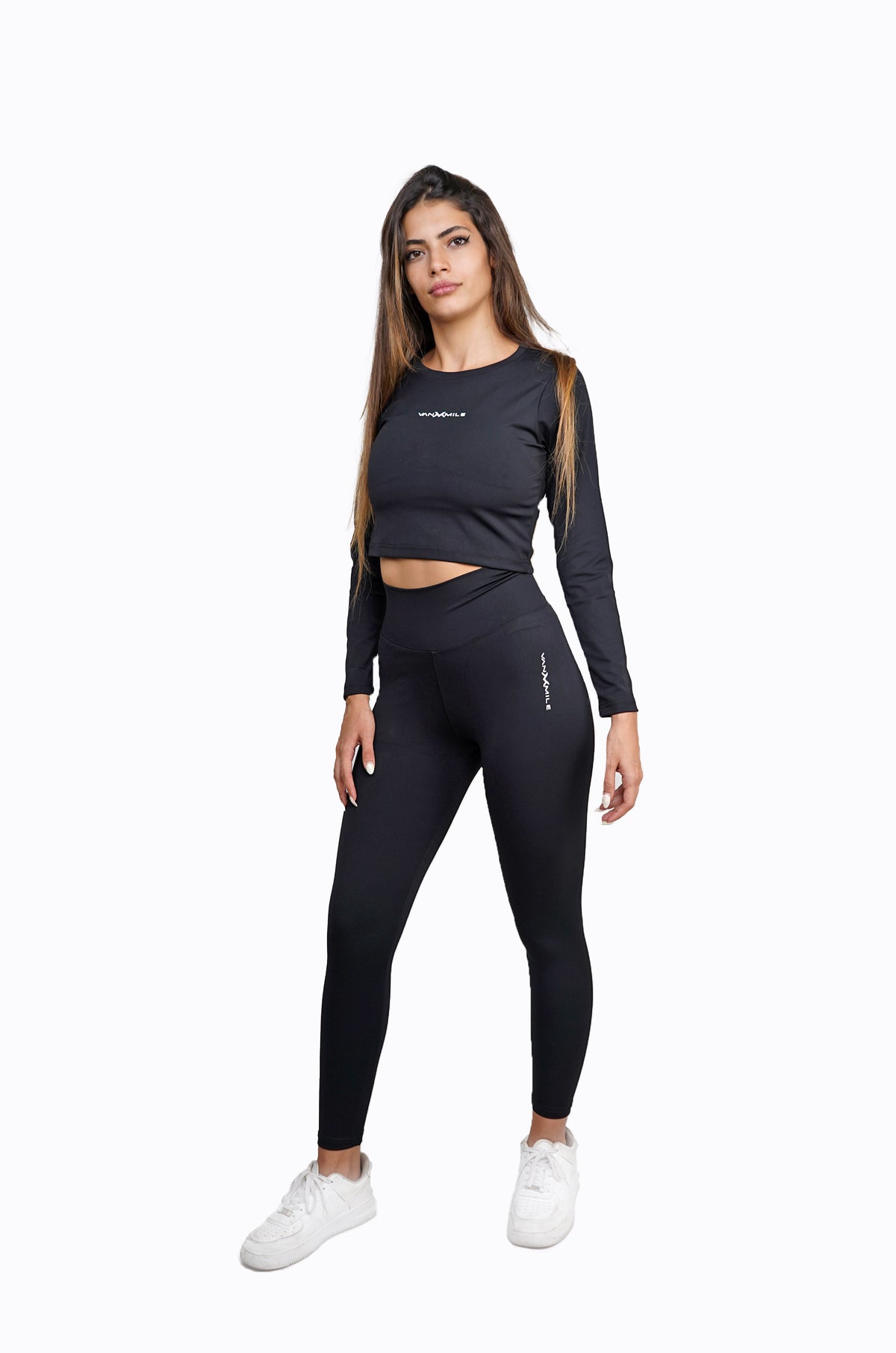 Women's VAN MILE Core Leggings in Black – full outfit, shown with matching long-sleeve crop top