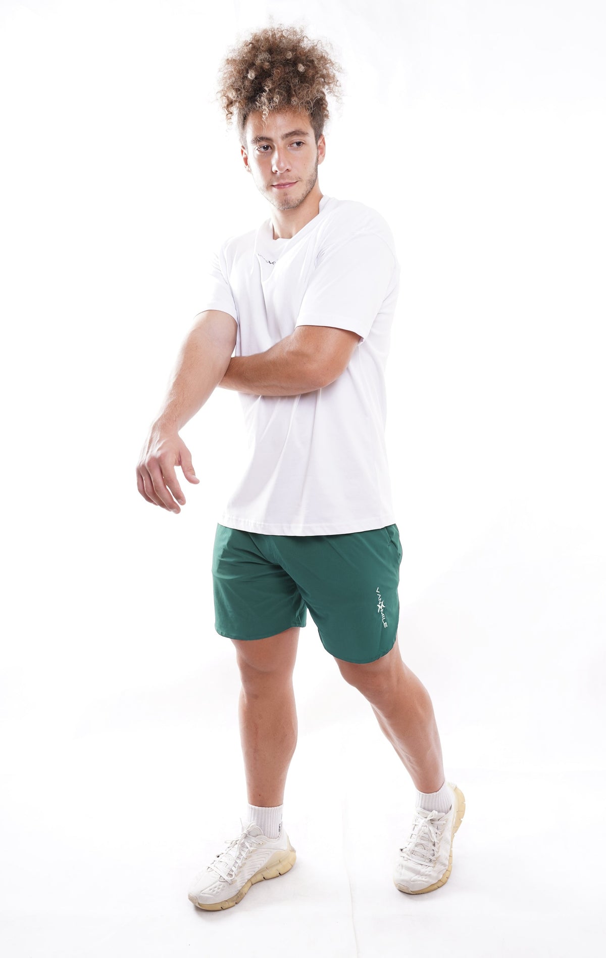 Men's VAN MILE Vibrant Shorts in Green – full outfit with a white T-shirt