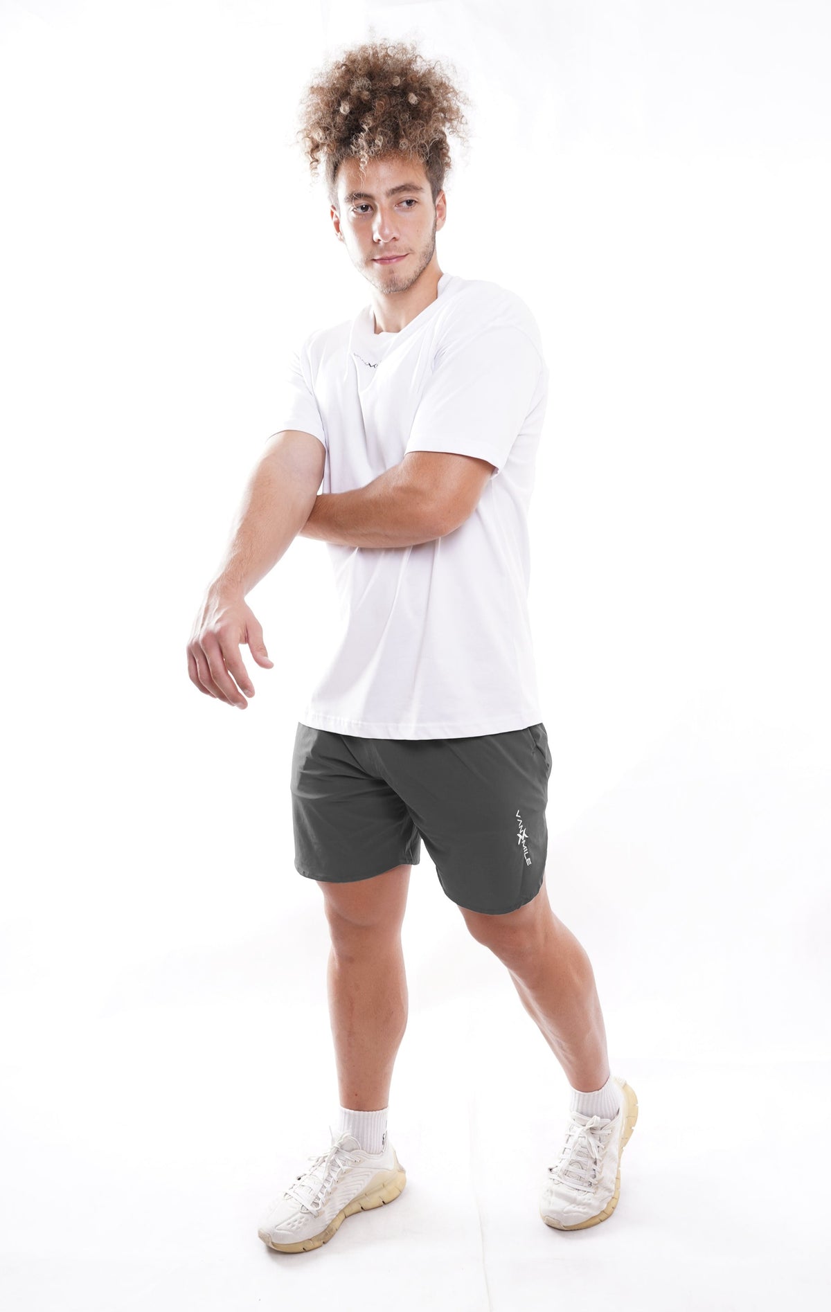 Men's VAN MILE Vibrant Shorts in Dark Grey – full outfit with a white T-shirt