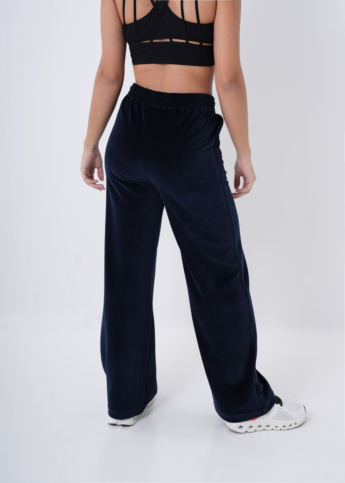 Women's VAN MILE Classic Velour Two-Piece Set in Navy – back view of the pants