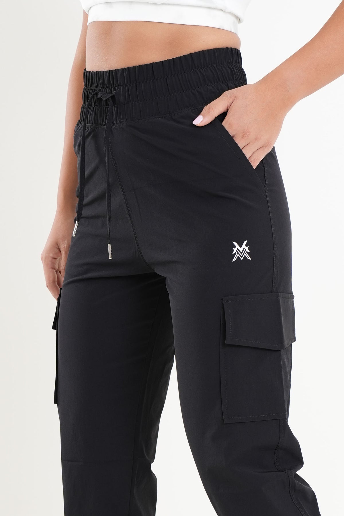 Women's VAN MILE AURORA Cargo Pants in Black – waistband and cargo pocket detail