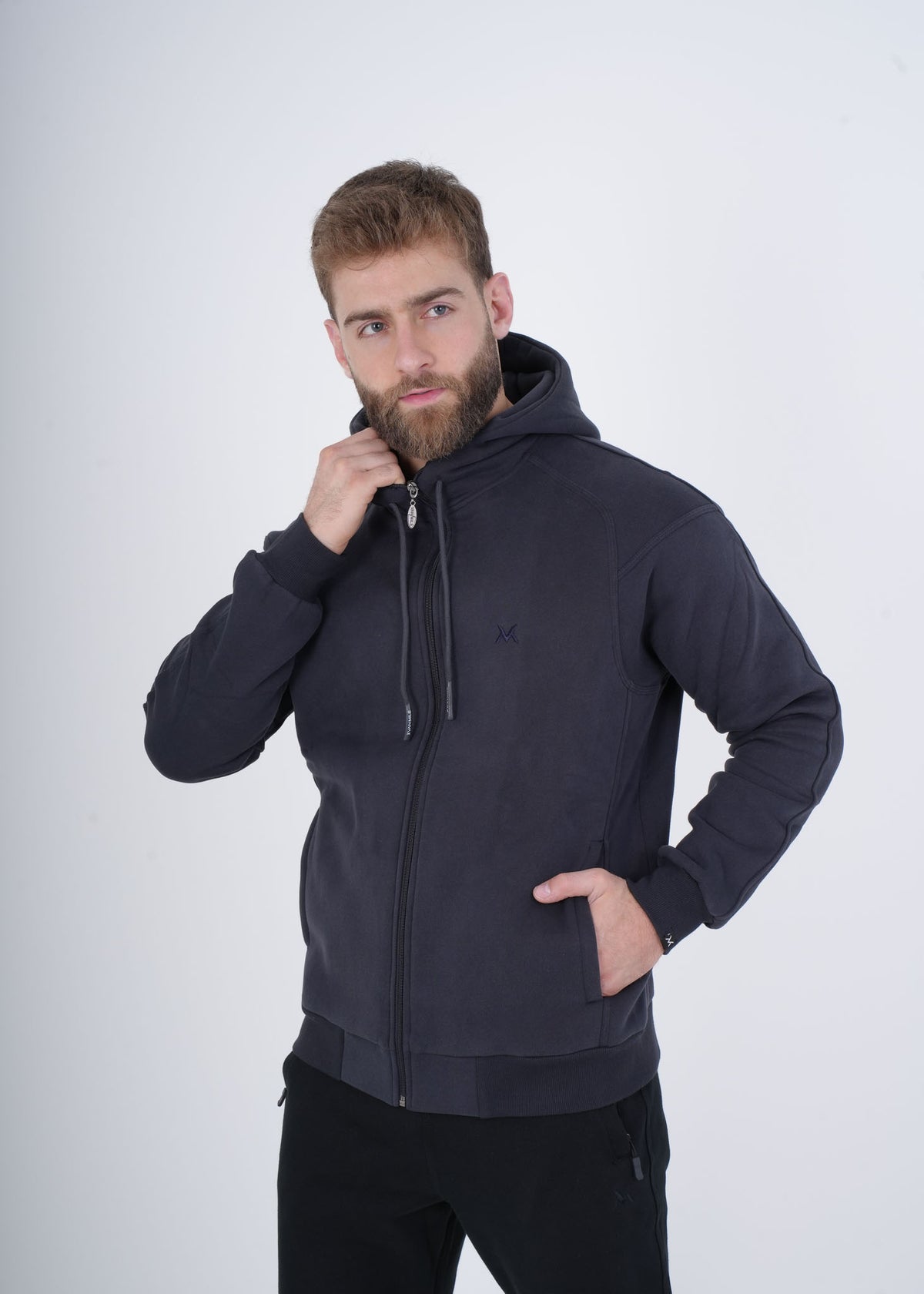 Men's VAN MILE VNML Full Zip Hoodie in Dark Gray – angled front view