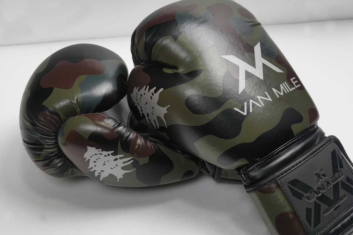 VAN MILE PU 4.0 Boxing Gloves in Camo Olive Green – pair shown, close-up