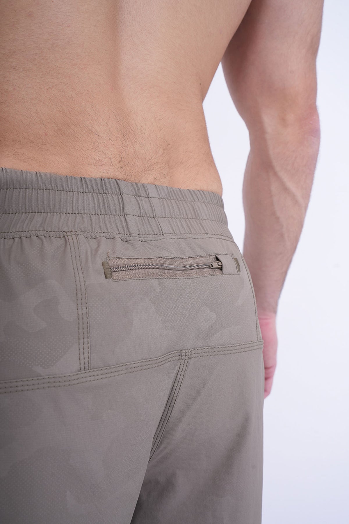 Men's VAN MILE Revive Shorts in Camo Beige – back zip pocket detail