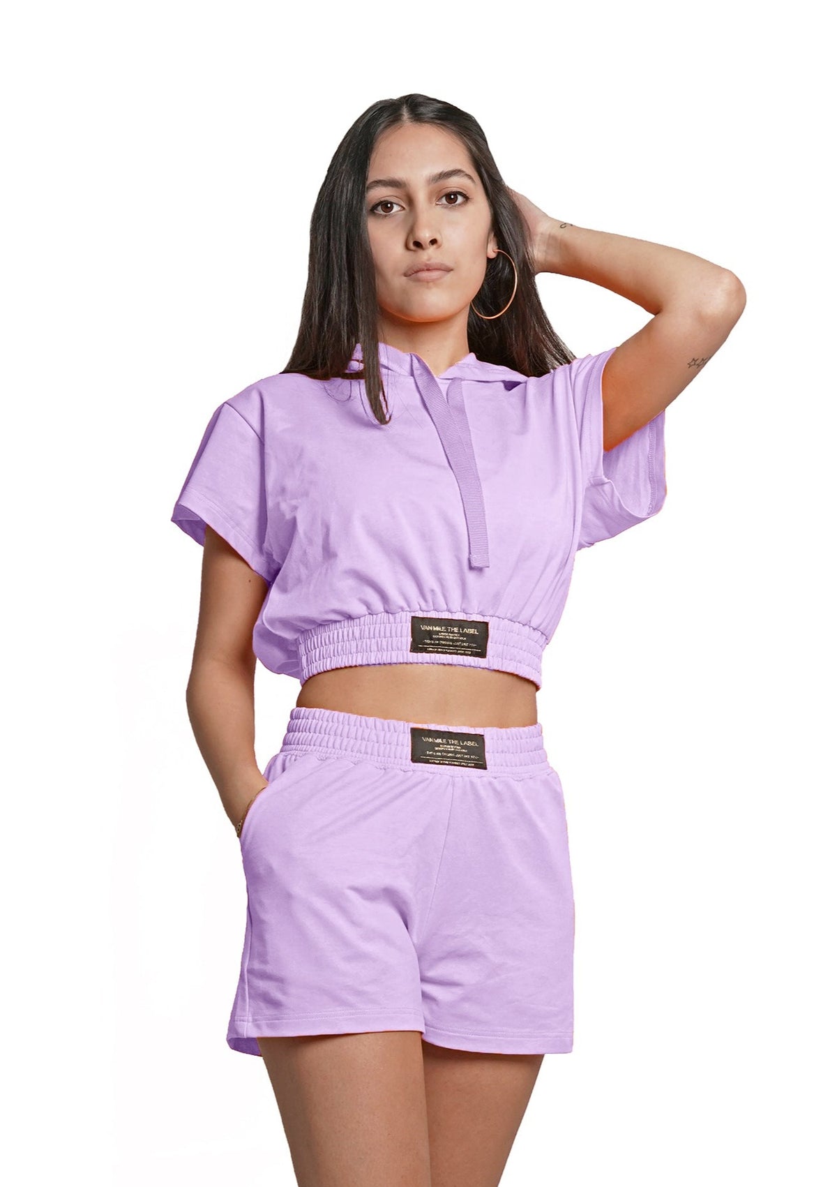Women's VAN MILE Lounge Crop Top Hoodie in Lilac – front view, worn with matching shorts