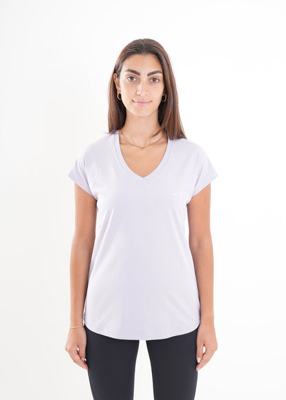Women's VAN MILE CLASSIC V Neck T-Shirt in Pale Lilac – front view