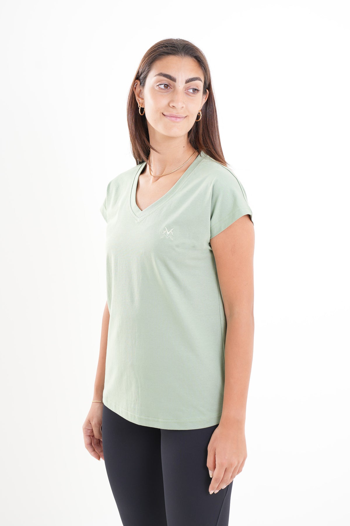 Women's VAN MILE CLASSIC V Neck T-Shirt in Mint Green – angled front view