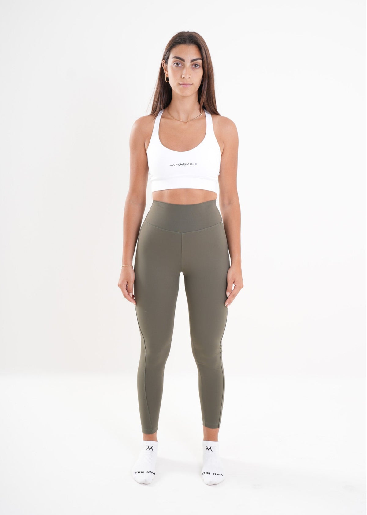 Women's VAN MILE AURORA Leggings in Olive Green – full-length front view