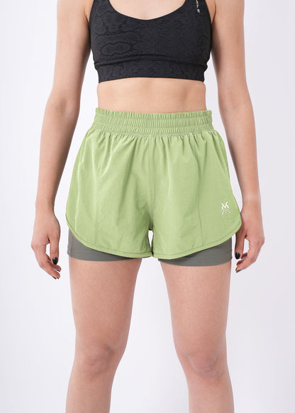 Women's VAN MILE Aurora Compression Shorts in Lime Green with Grey Liner – front view