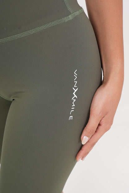 Women's VAN MILE AURORA Capri Leggings in Olive Green – logo detail