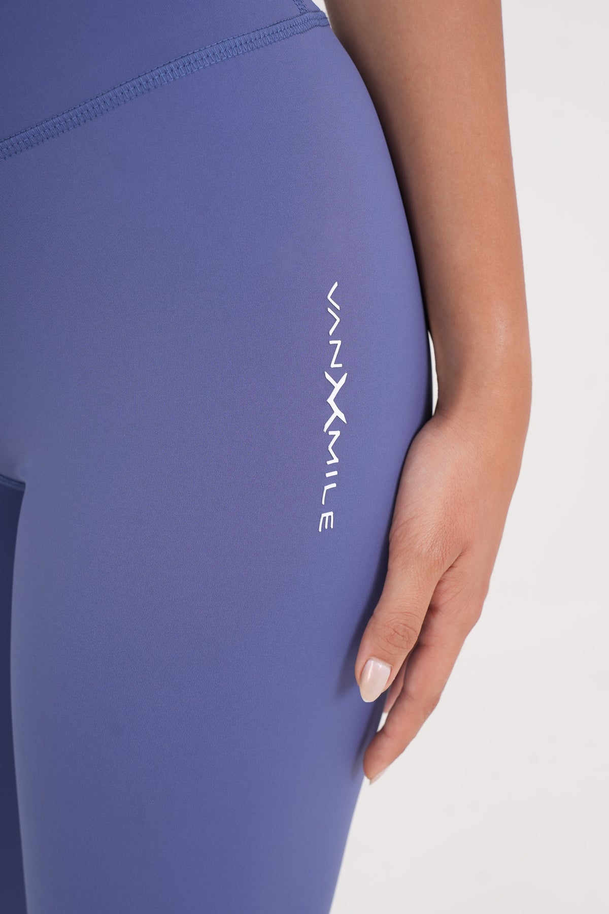 Women's VAN MILE AURORA Capri Leggings in Baby Blue – logo detail