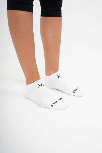 VAN MILE Origin No Show Socks in White – pair shown, side view