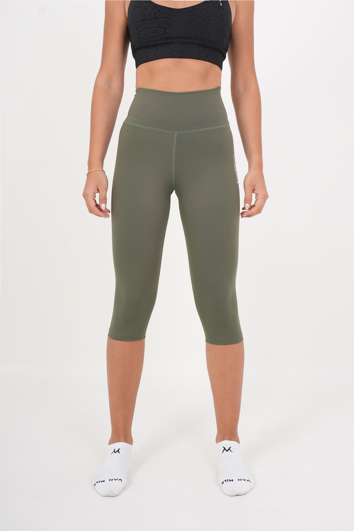 Women's VAN MILE AURORA Capri Leggings in Olive Green – front view