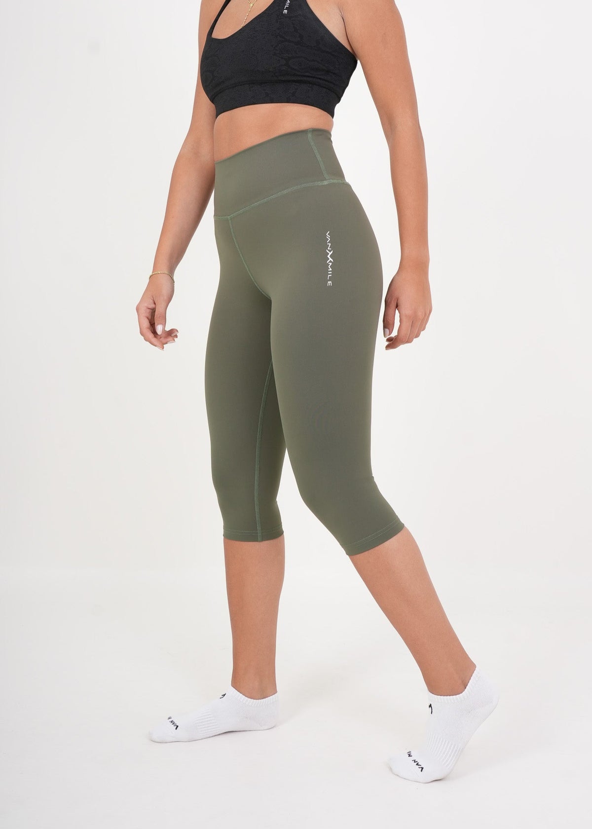 Women's VAN MILE AURORA Capri Leggings in Olive Green – side view