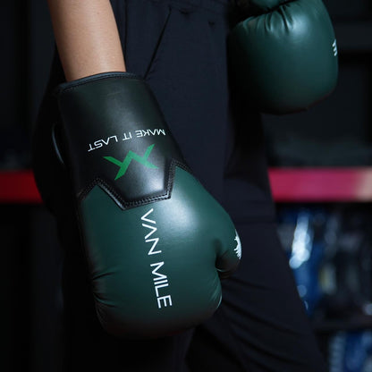 VAN MILE PU 3.0 Boxing Gloves in Black & Green – worn on model, side
