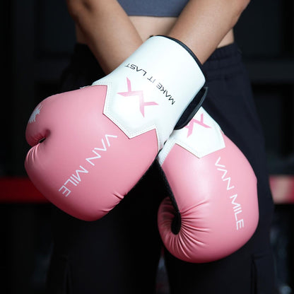 VAN MILE PU 3.0 Boxing Gloves in Pink & White – worn on model, front