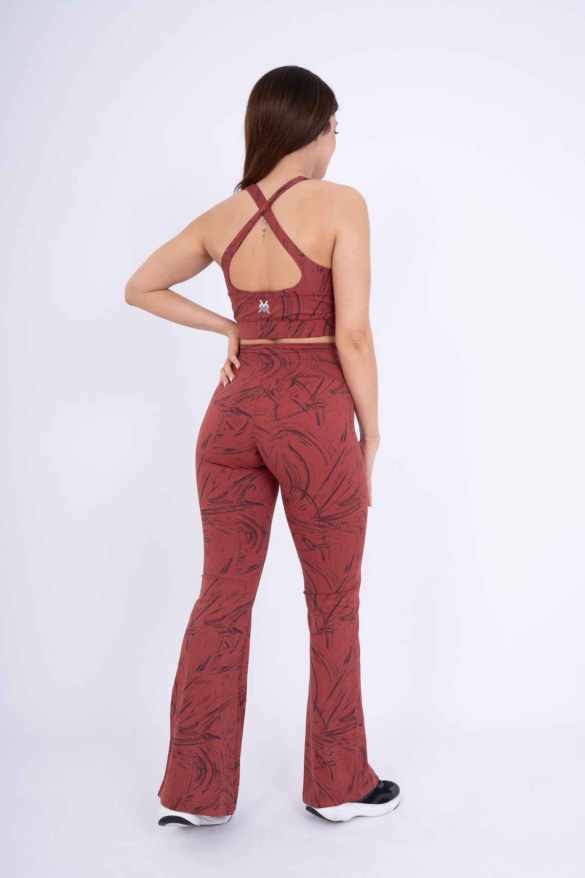 Women's VAN MILE Ignite Flared Leggings in Red Printed – back view, shown with matching sports bra
