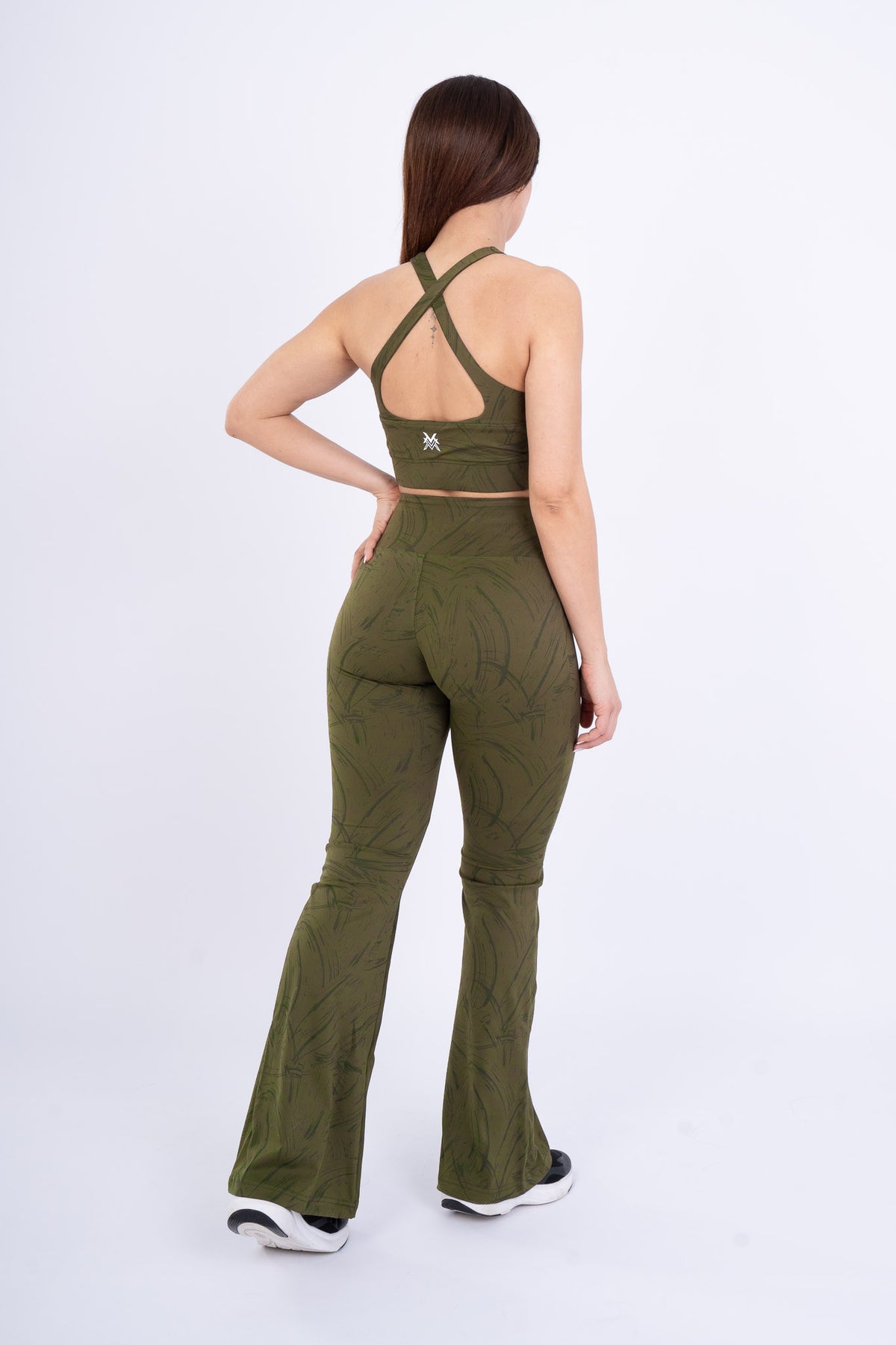 Women's VAN MILE Ignite Flared Leggings in Olive Green Printed – back view, shown with matching sports bra