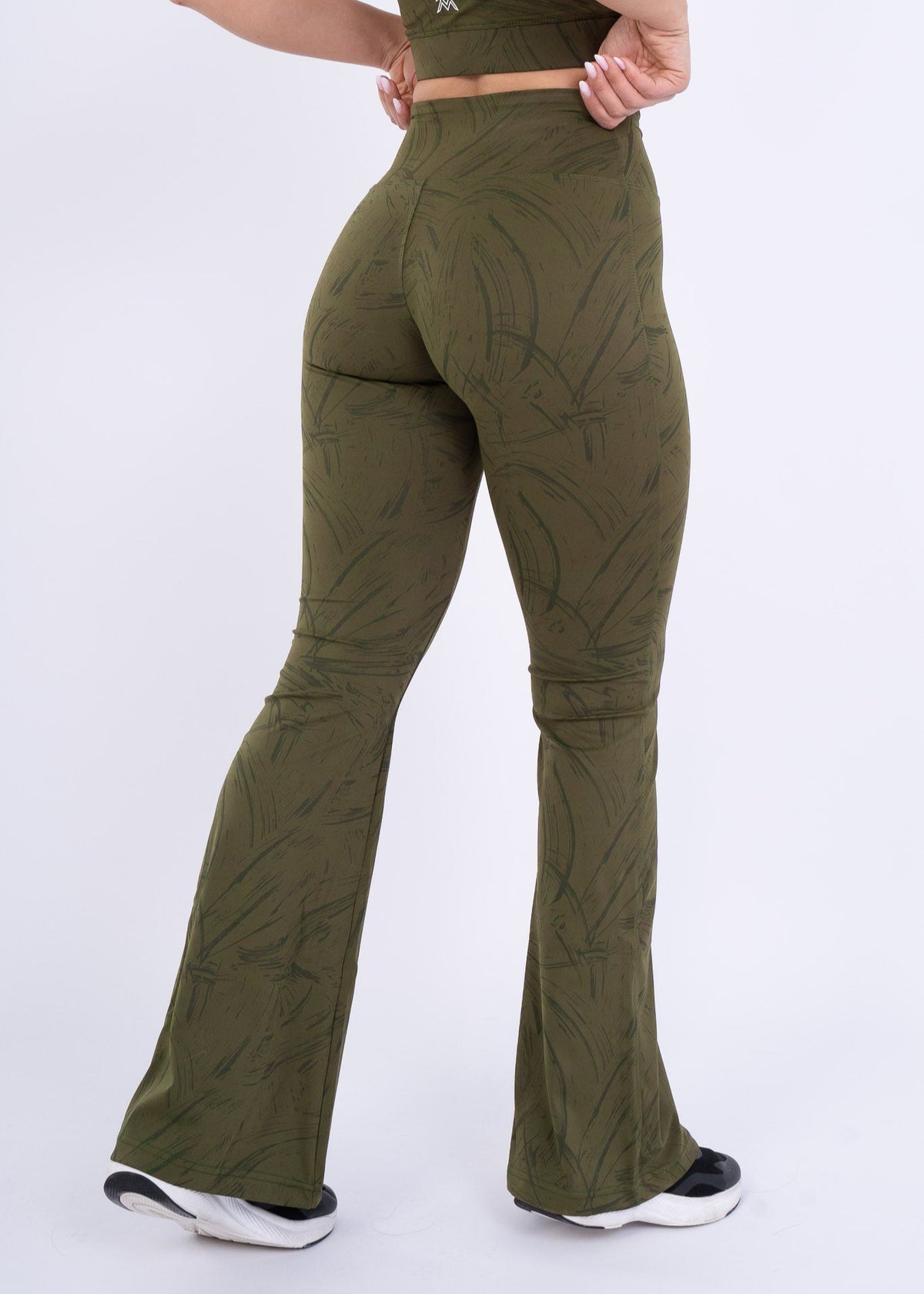 Women's VAN MILE Ignite Flared Leggings in Olive Green Printed – back view
