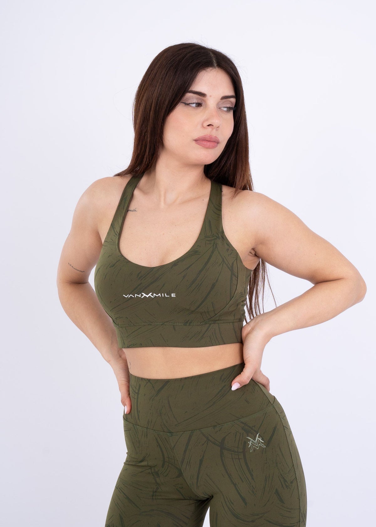 Women's VAN MILE Ignite Sports Bra in Olive Green Printed – front view