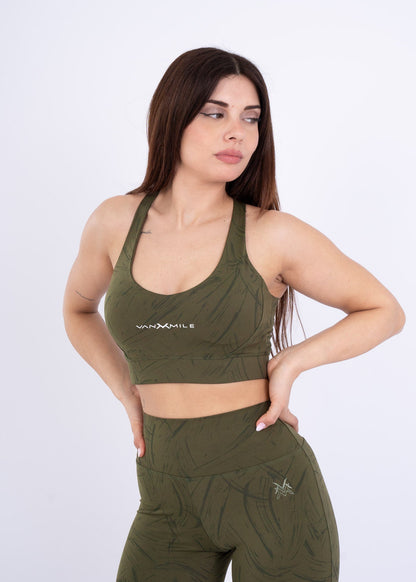 Women's VAN MILE Ignite Sports Bra in Olive Green Printed – front view