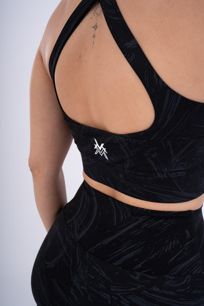 Women's VAN MILE Ignite Sports Bra in Black Printed – back logo detail