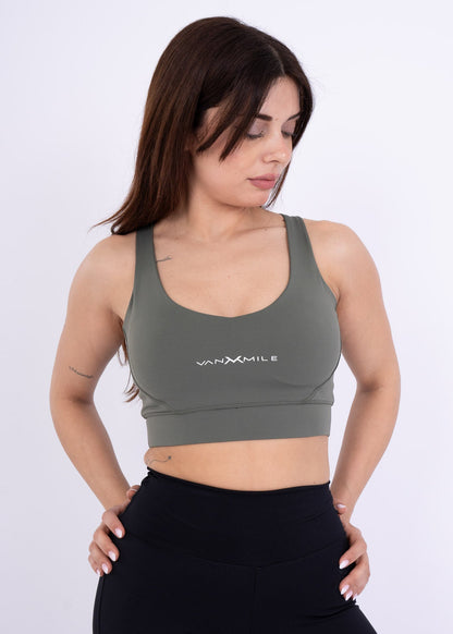 Women's VAN MILE Reborn Sports Bra in Olive Green – front view