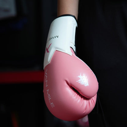 VAN MILE PU 3.0 Boxing Gloves in Pink & White – worn on model, side