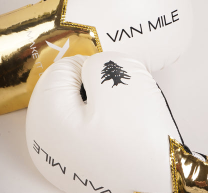 VAN MILE PU 3.0 Boxing Gloves in White & Gold – logo detail