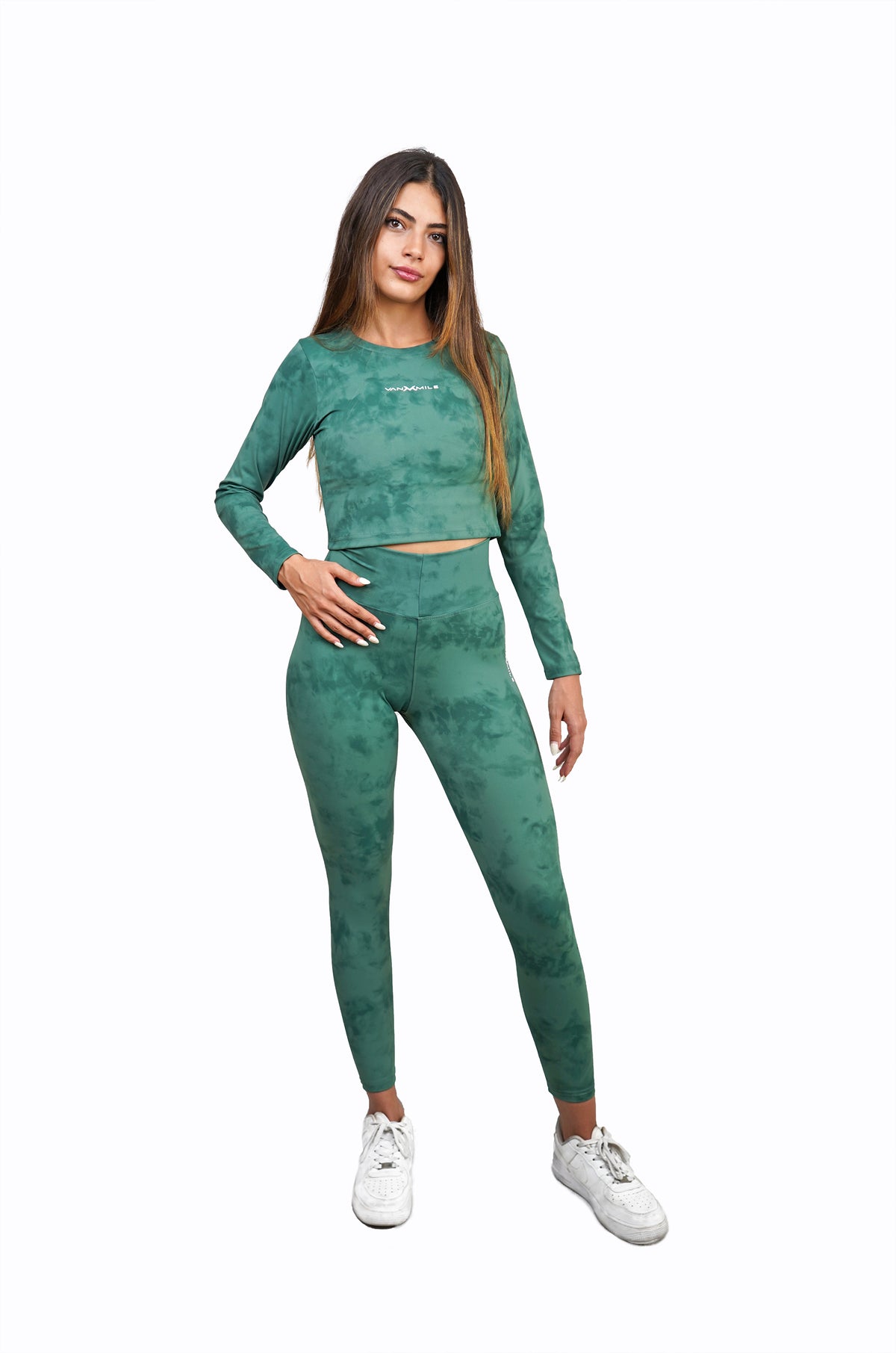 Women's VAN MILE Mist Crop Top Long Sleeve in Forest Green – full outfit with matching leggings