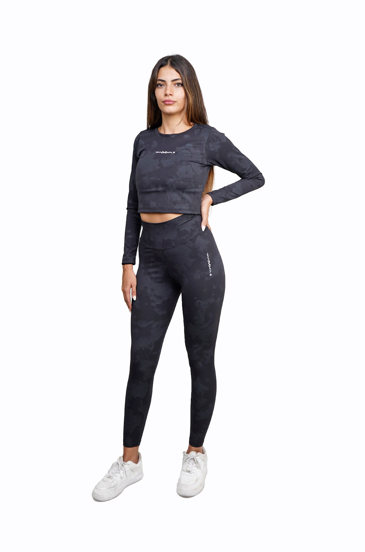 Women's VAN MILE Mist Crop Top Long Sleeve in Black – full outfit with matching leggings