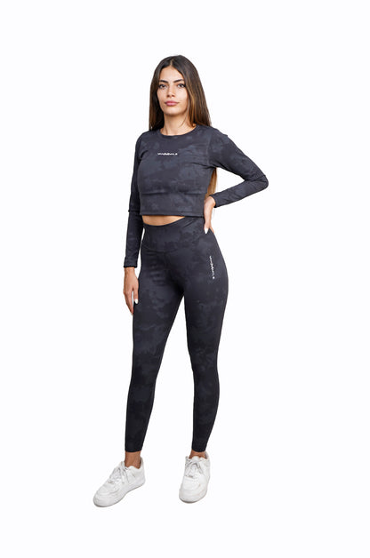 Women's VAN MILE Mist Crop Top Long Sleeve in Black – full outfit with matching leggings