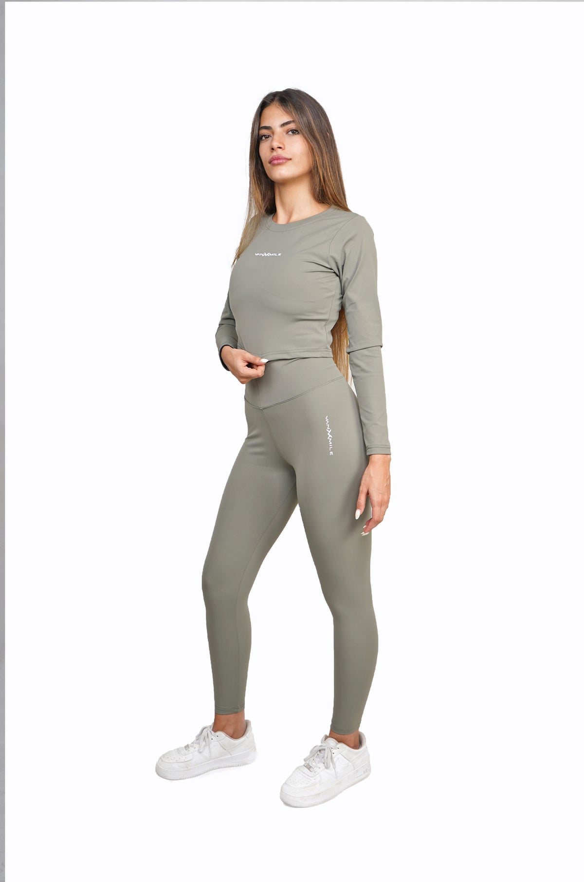 Women's VAN MILE Core Crop Top Long Sleeve in Olive Green – full outfit, shown with matching leggings
