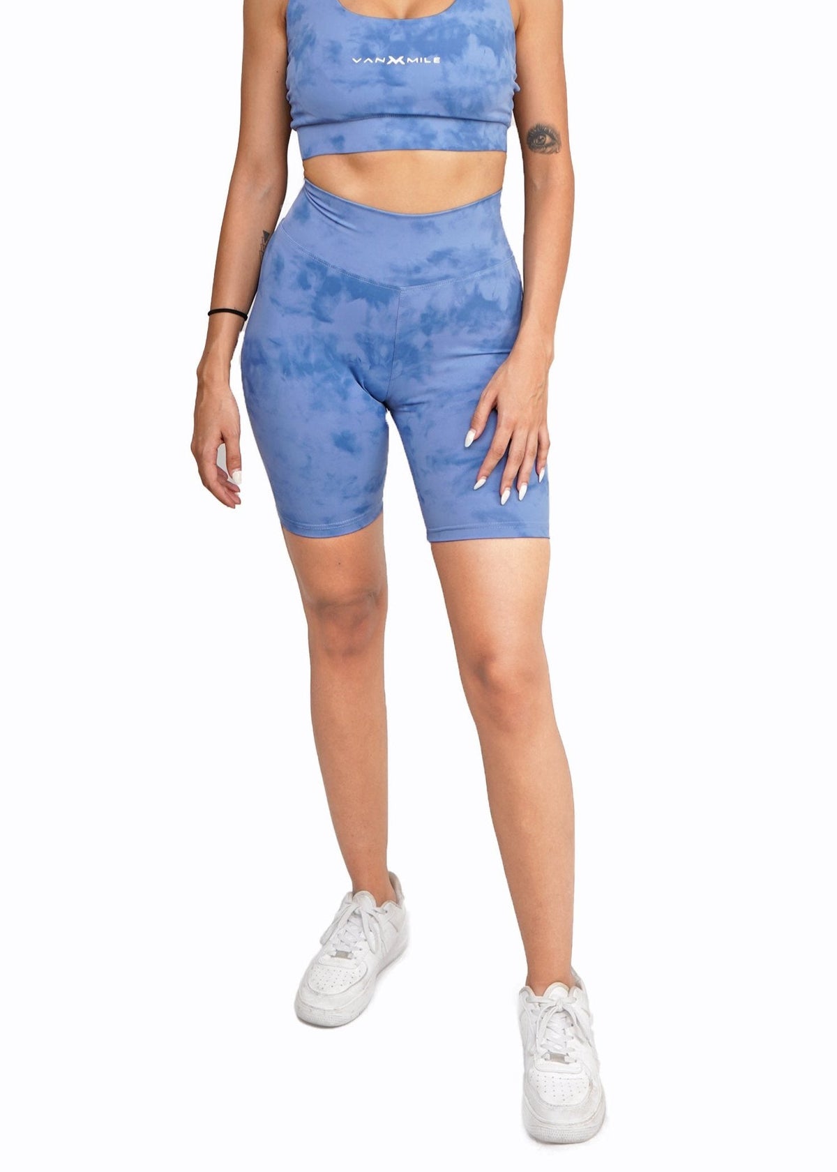 Women's VAN MILE Mist Biker Shorts in Sky Blue – front view, shown with matching sports bra