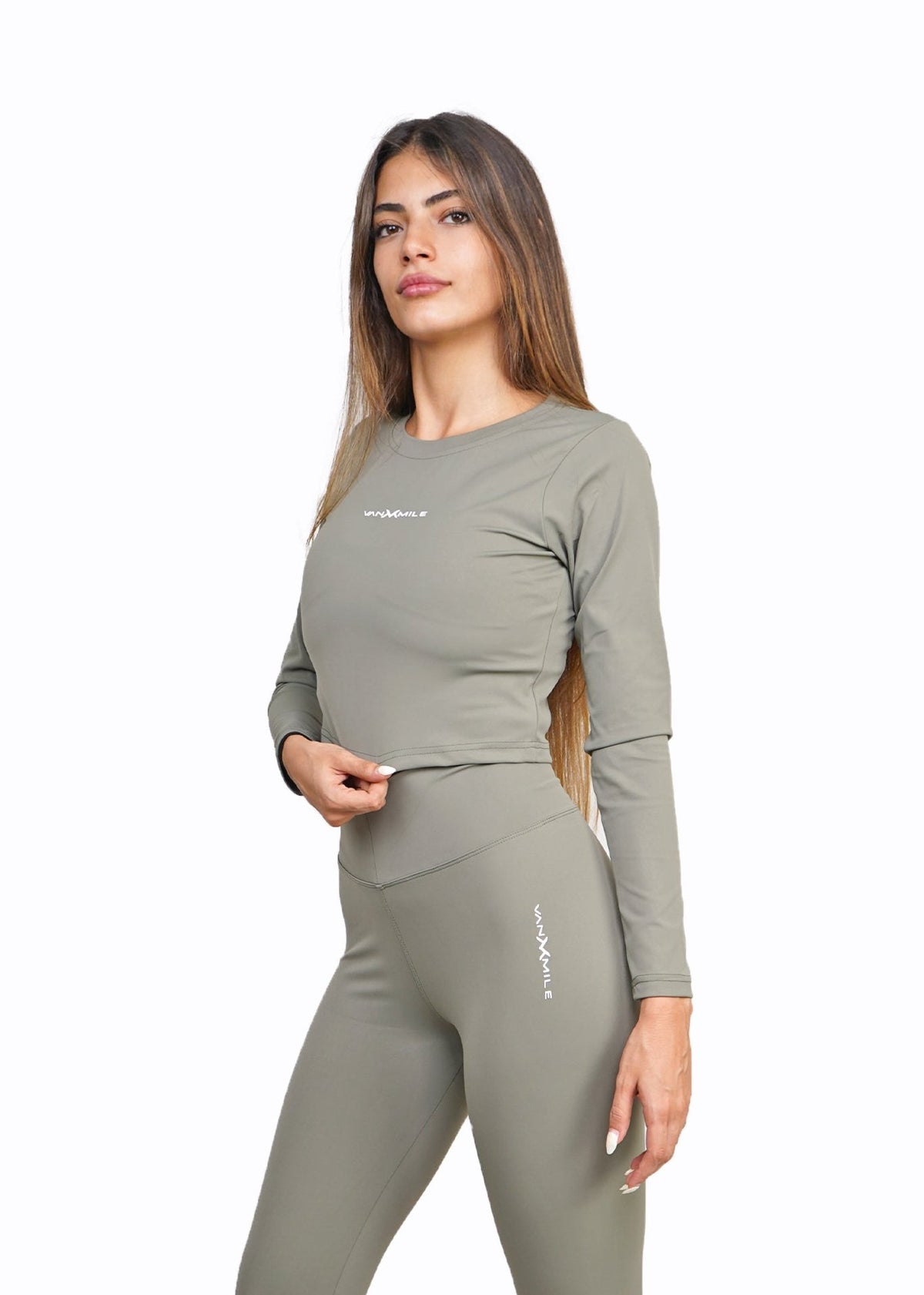 Women's VAN MILE Core Crop Top Long Sleeve in Olive Green – front view, shown with matching leggings