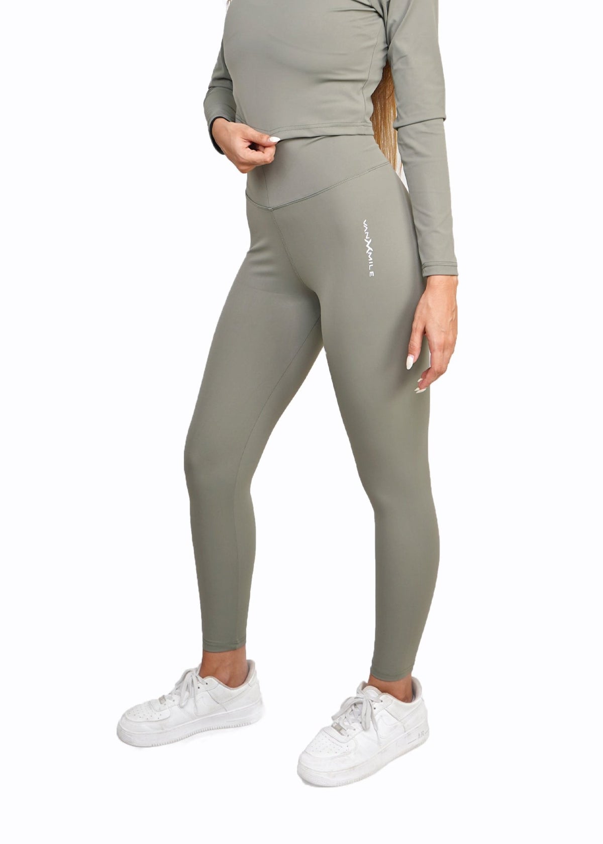Women's VAN MILE Core Leggings in Olive Green – front view, shown with matching long-sleeve crop top