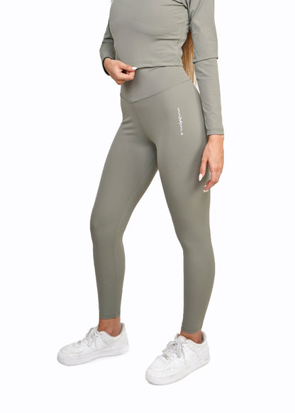 Women's VAN MILE Core Leggings in Olive Green – front view, shown with matching long-sleeve crop top
