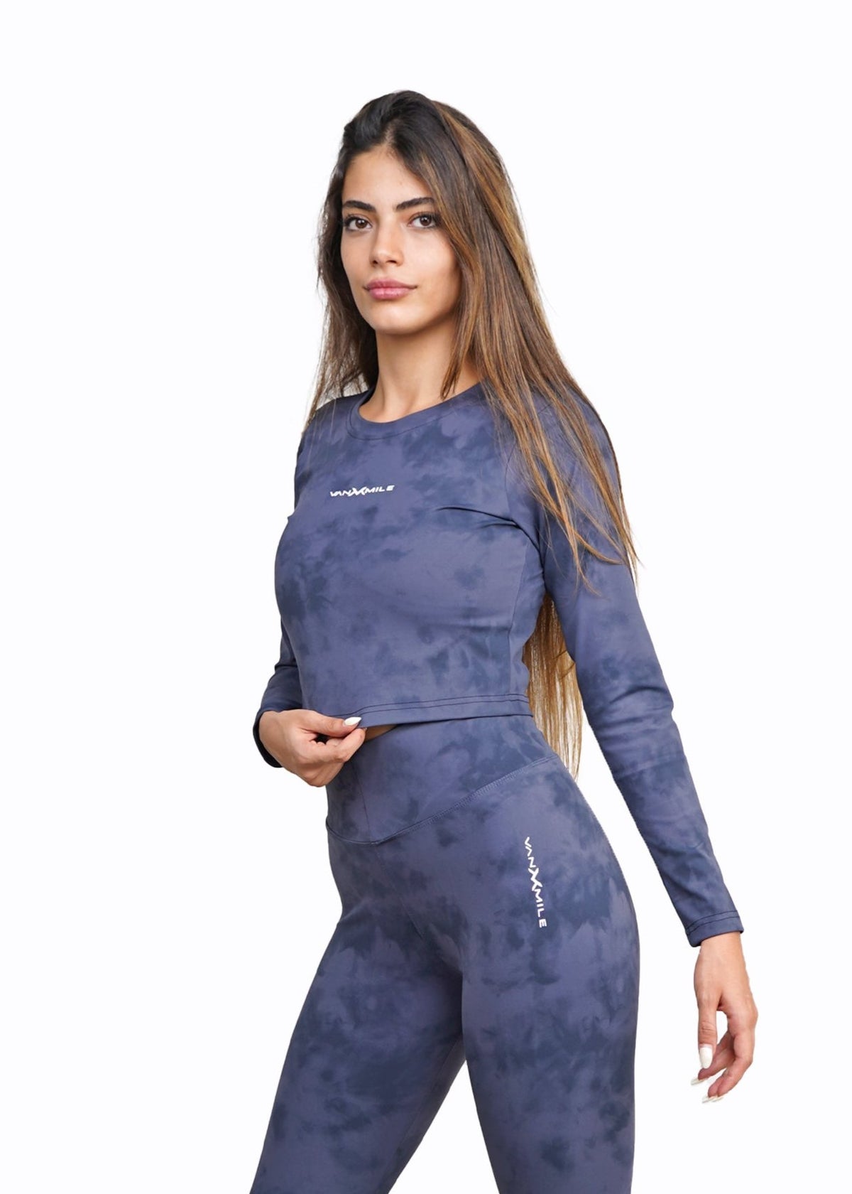 Women's VAN MILE Mist Crop Top Long Sleeve in Navy – front view, shown with matching leggings