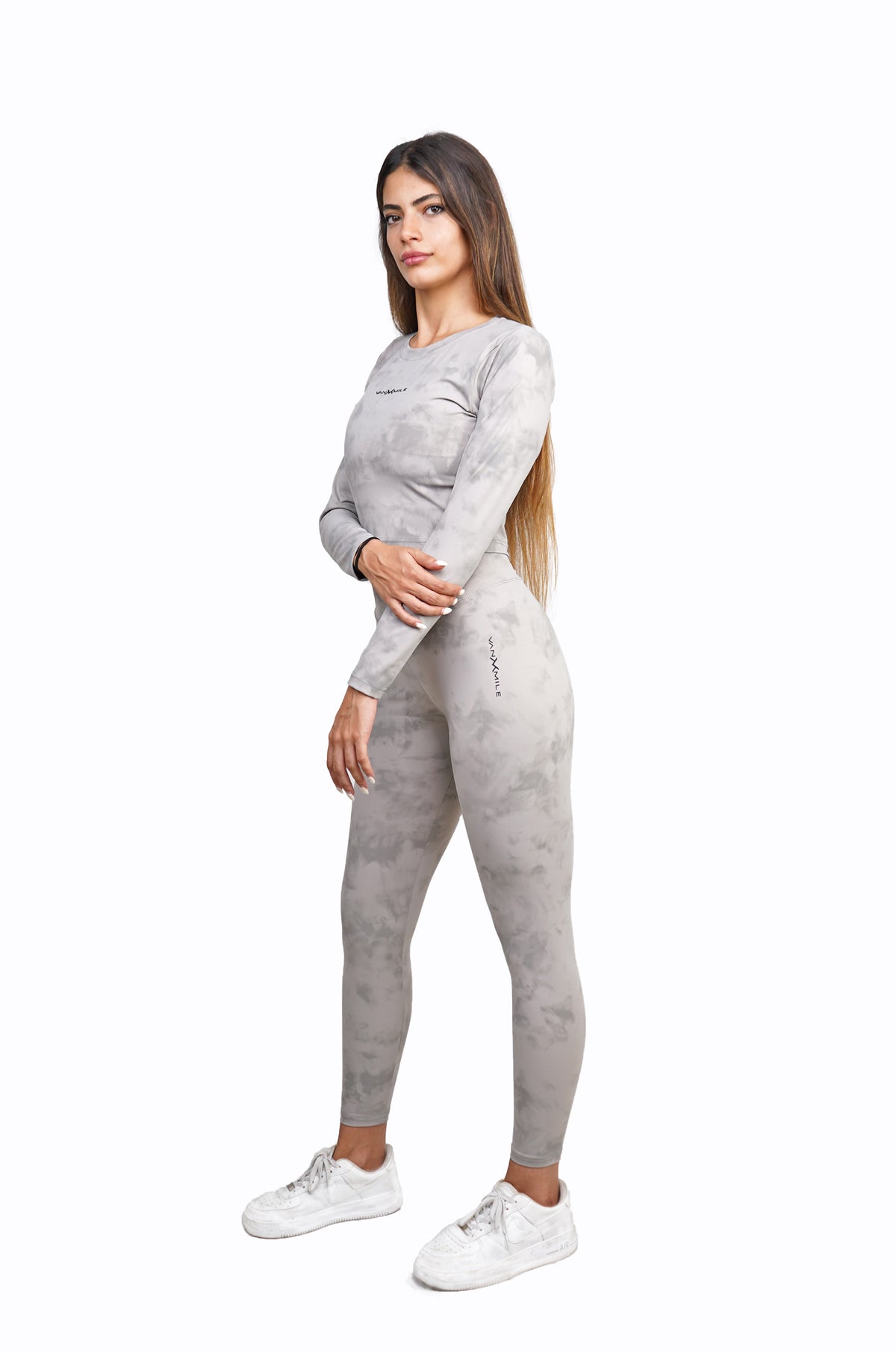 Women's VAN MILE Mist Crop Top Long Sleeve in Light Grey – full outfit with matching leggings