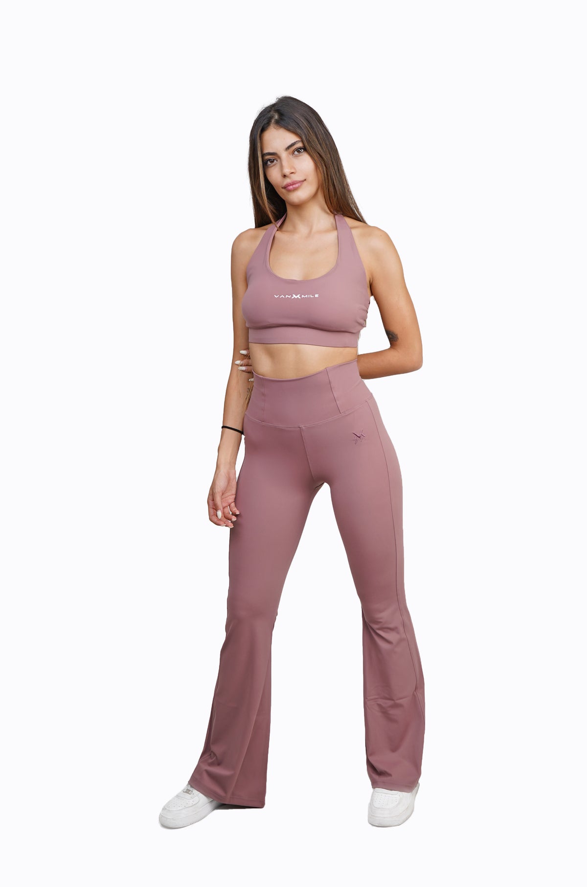 Women's VAN MILE Sports Bra in Rosewood – full outfit, shown with matching flared leggings