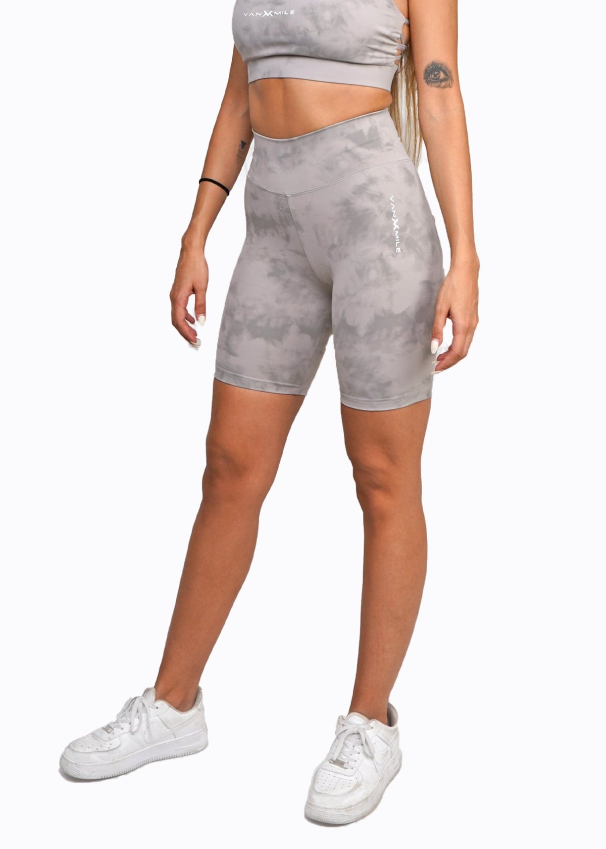 Women's VAN MILE Mist Biker Shorts in Light Grey – front view, shown with matching sports bra
