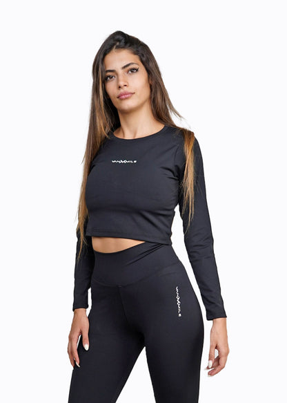 Women's VAN MILE Core Crop Top Long Sleeve in Black – front view, shown with matching leggings