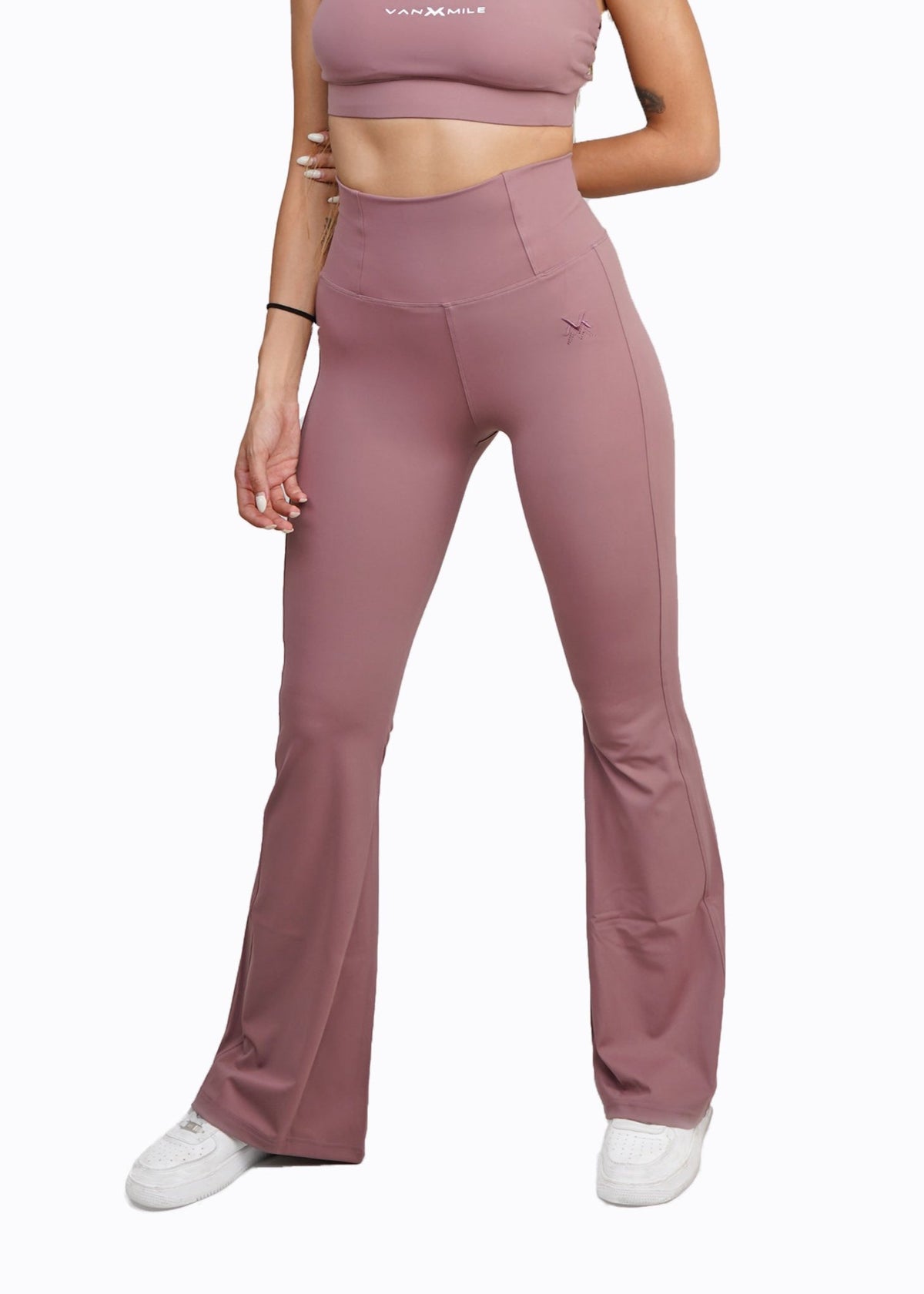 Women's VAN MILE Stretch Flared Leggings in Rosewood – front view, shown with matching sports bra