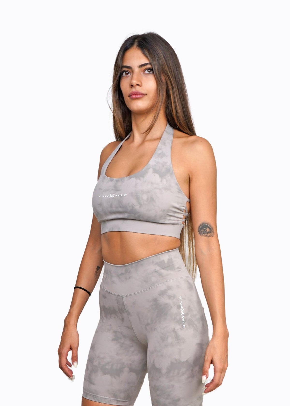 Women's VAN MILE Mist Sports Bra in Light Grey – front view, shown with matching biker shorts