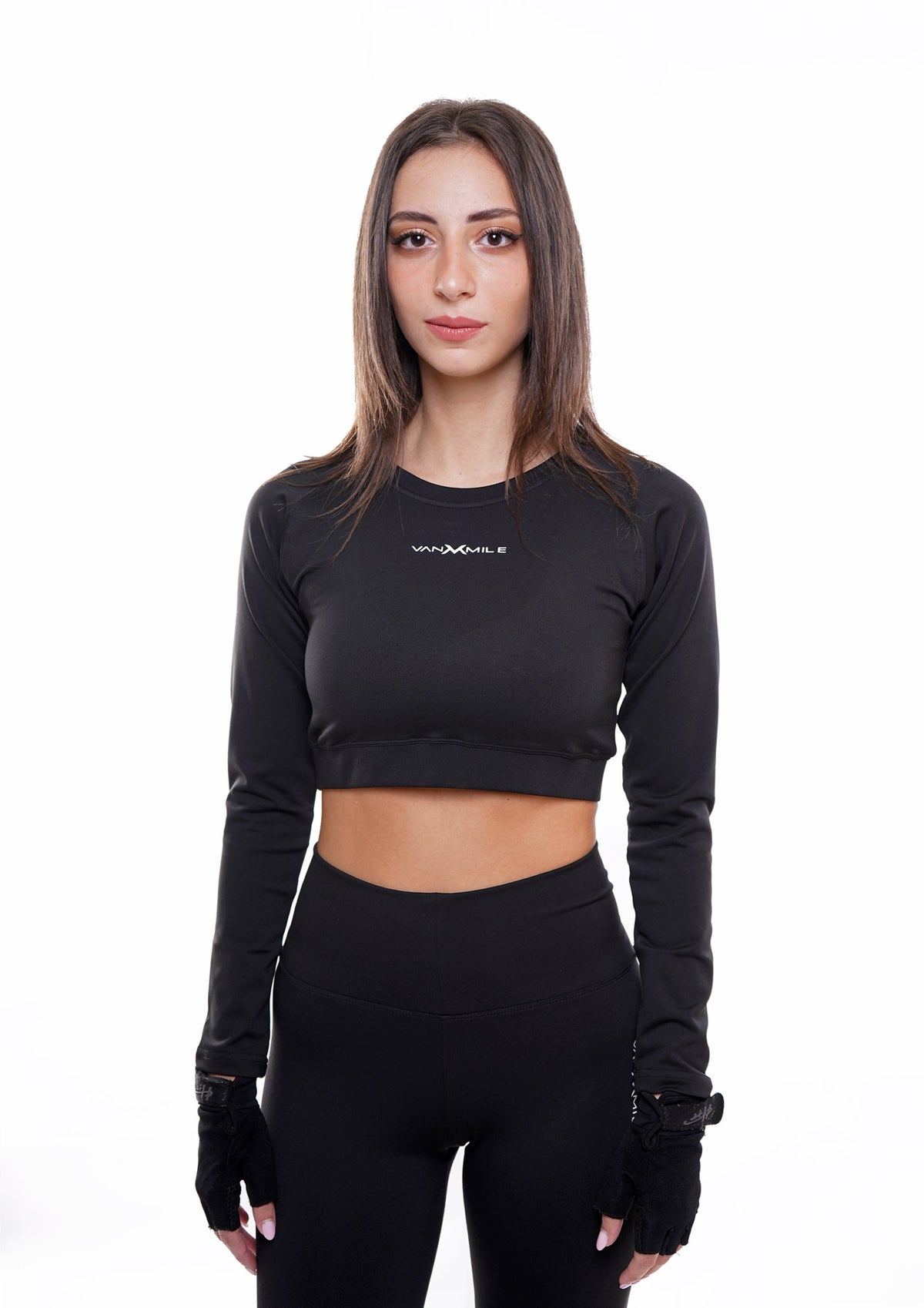 Women's VAN MILE Essential Cropped Long Sleeve Shirt in Black – front view, shown with matching leggings