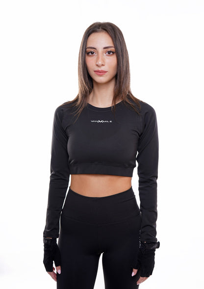 Women's VAN MILE Essential Cropped Long Sleeve Shirt in Black – front view, shown with matching leggings