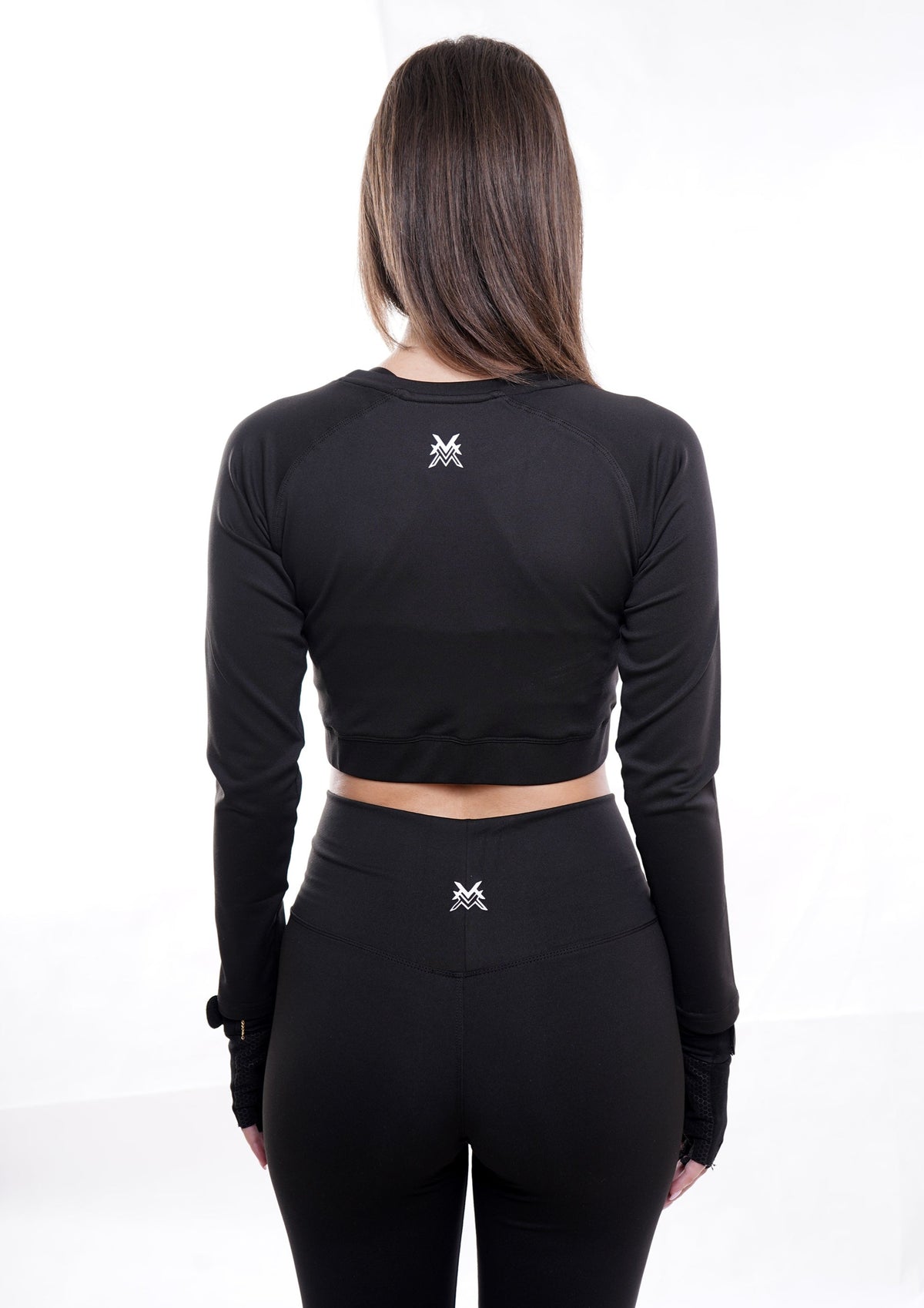 Women's VAN MILE Essential Cropped Long Sleeve Shirt in Black – back view, shown with matching leggings