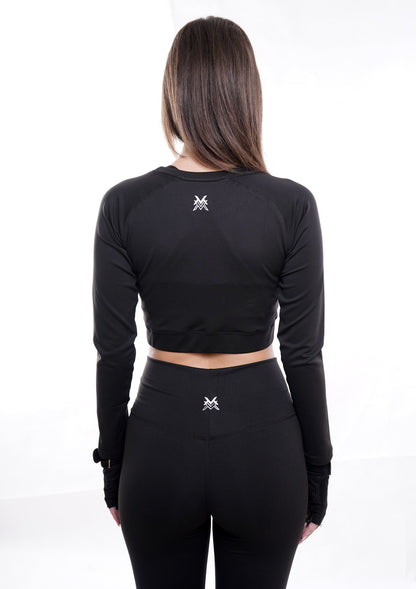 Women's VAN MILE Essential Cropped Long Sleeve Shirt in Black – back view, shown with matching leggings